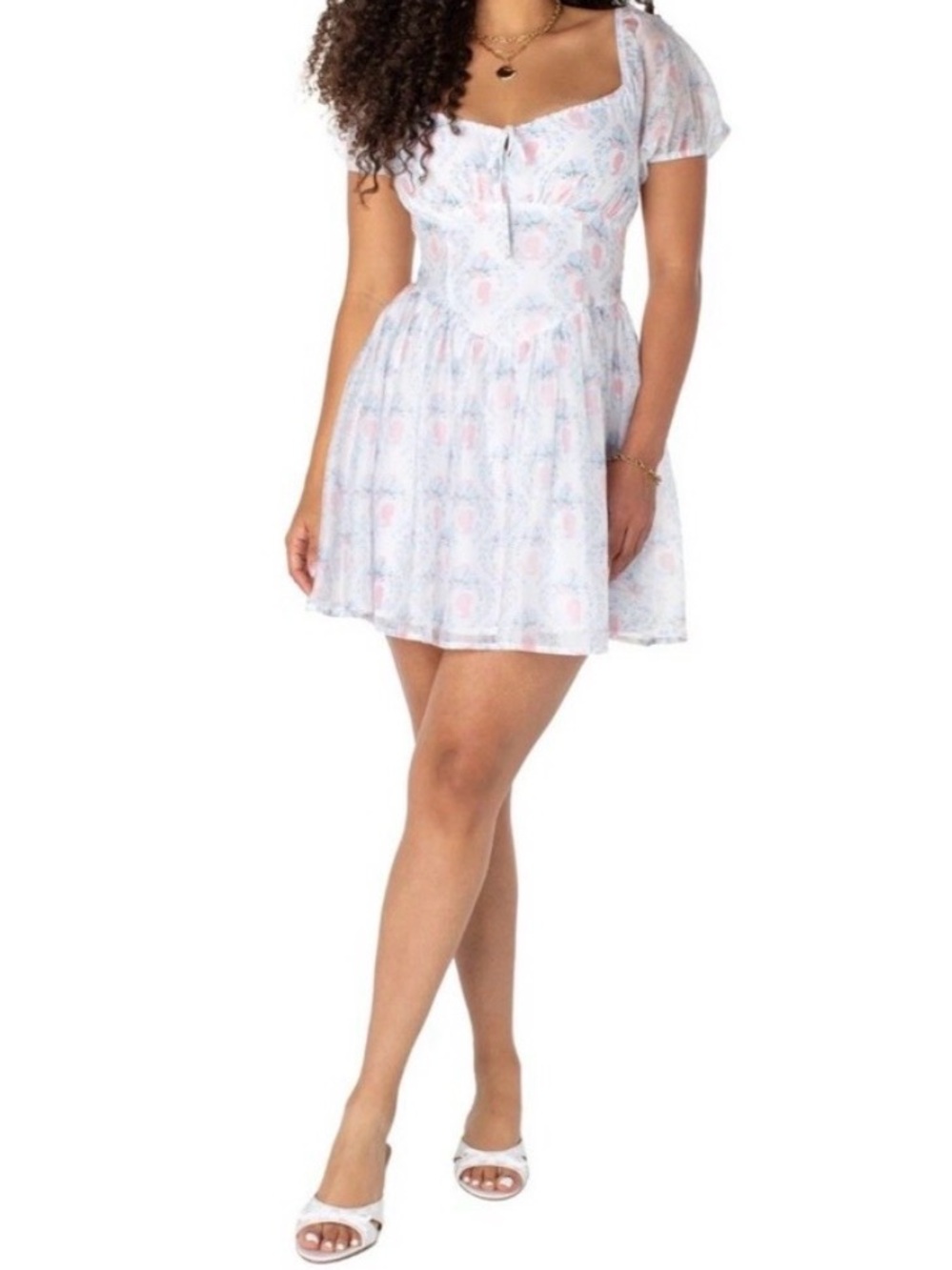 Bridgerton Celebrity Pink Lady Whistledown Puff Sleeve Mini Dress in Cameo Sz L